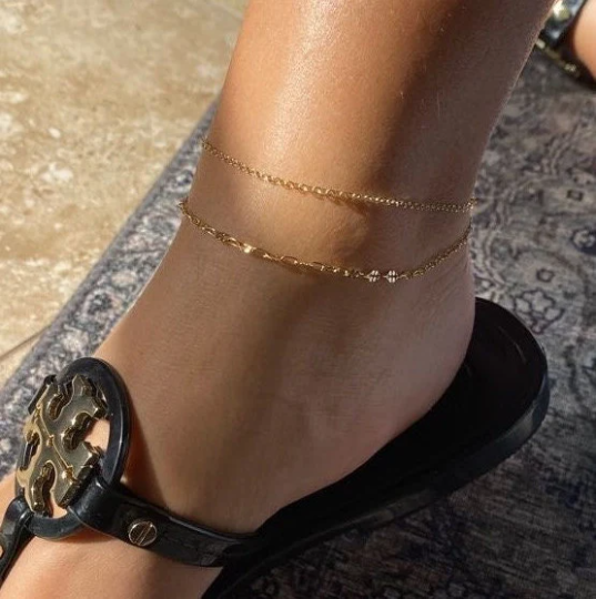 Double Strand Gold Anklet | Cable Chain & Bar Chain Layered Anklet